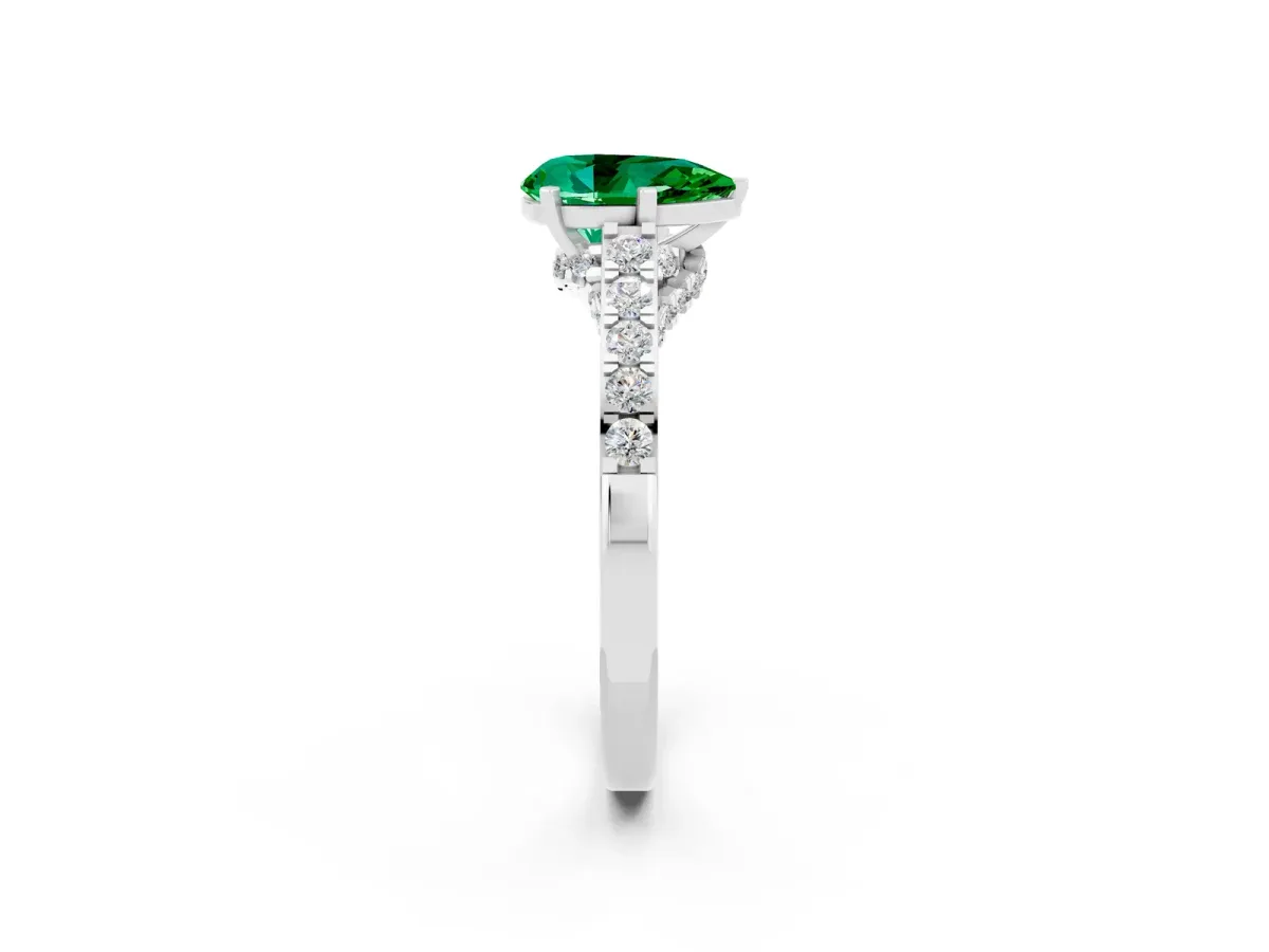 Pear Cut Emerald Solitaire Ring with Crossover Gallery and Round Pavé Band Silver