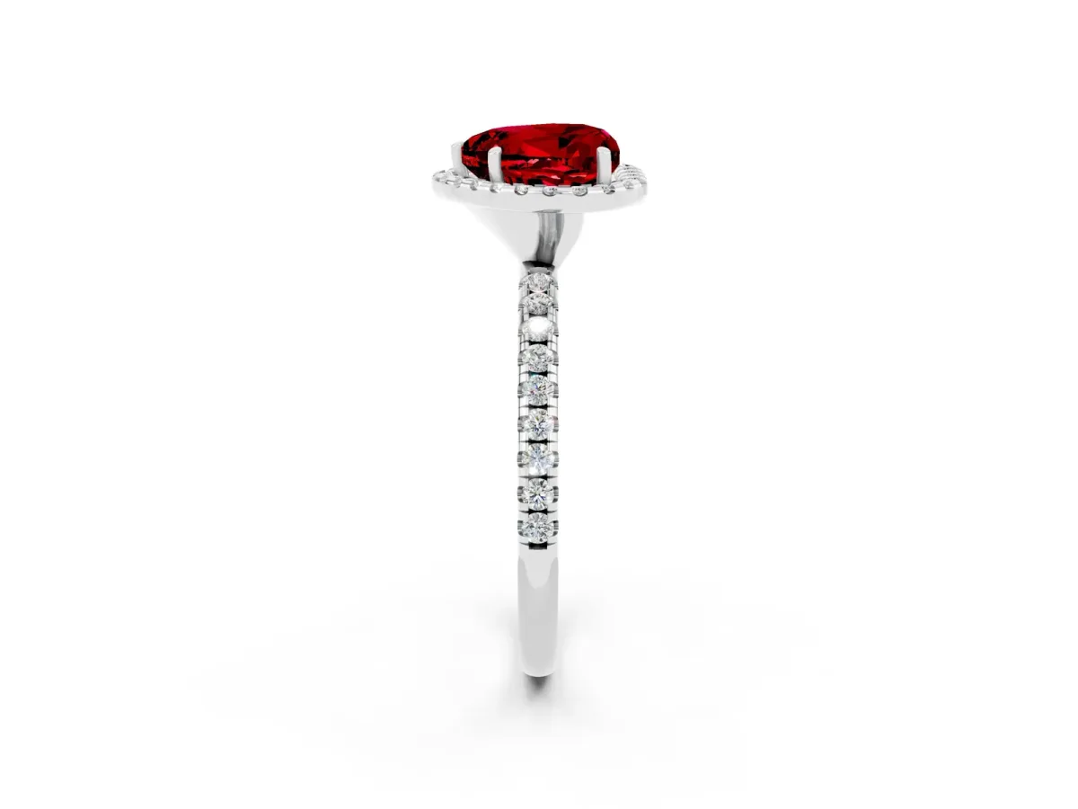 Heart Cut Ruby Halo Engagement Ring with Round Pavé Band and Prong Setting Platinum
