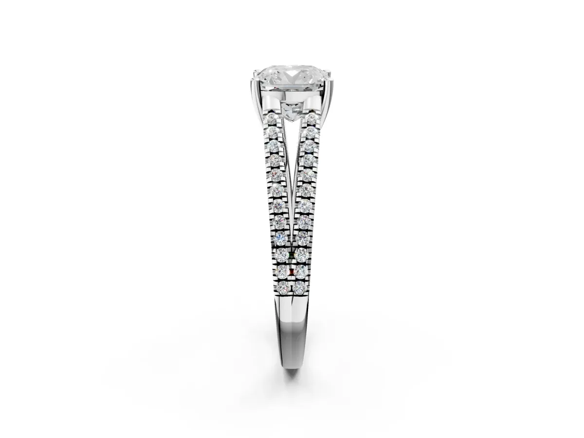 Cushion Cut Diamond Solitaire Engagement Ring with Split Shank Pavé Band Silver
