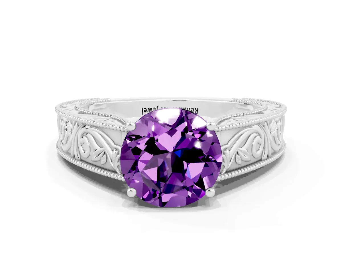 Round Cut Amethyst Solitaire Ring with Engraved Band and Four-Prong Setting White gold