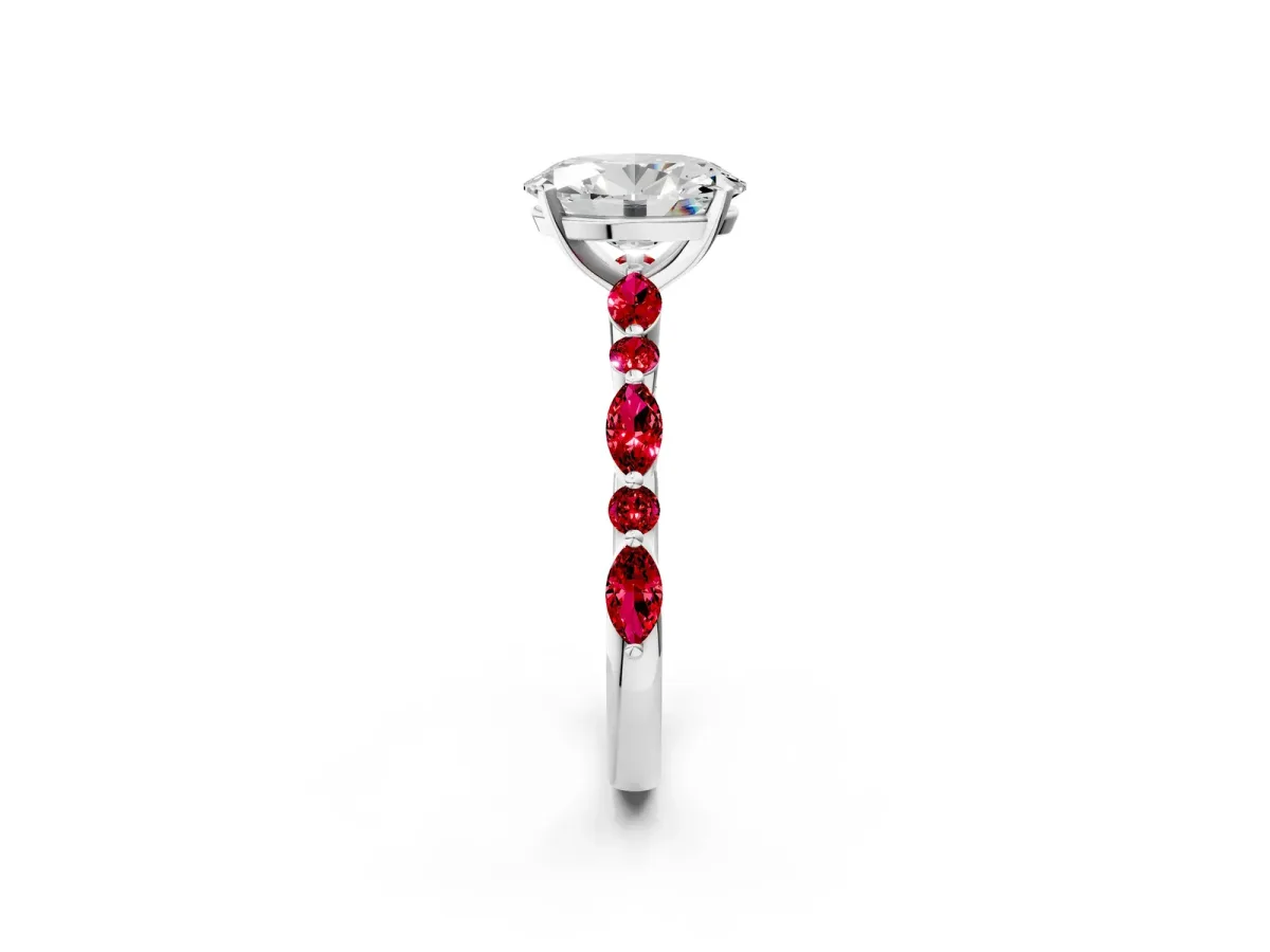 Oval Cut Diamond Ring with Marquise and Round Ruby Side Stones and Four-Prong Setting Platinum