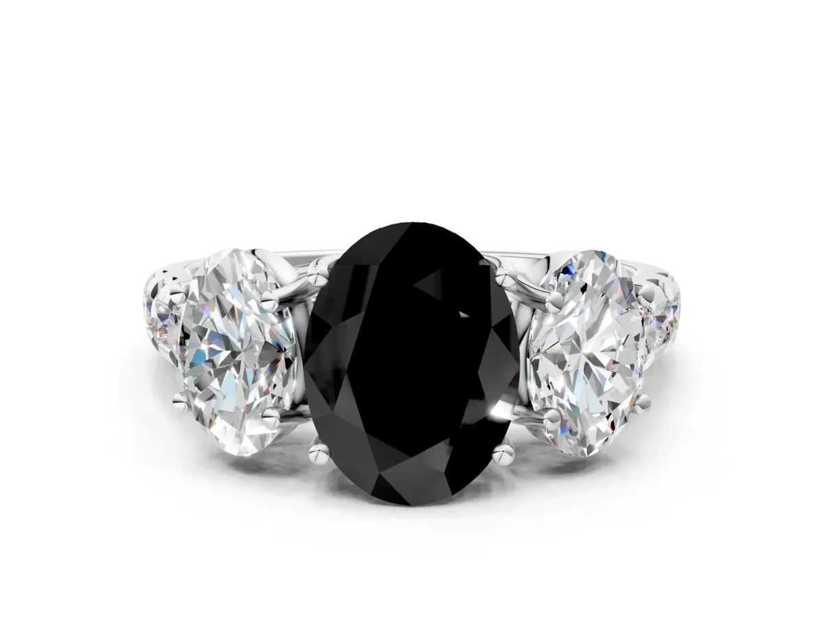 Fancy Black Three-Stone Oval Cut Diamond Pavé Band with Prong Setting Platinum