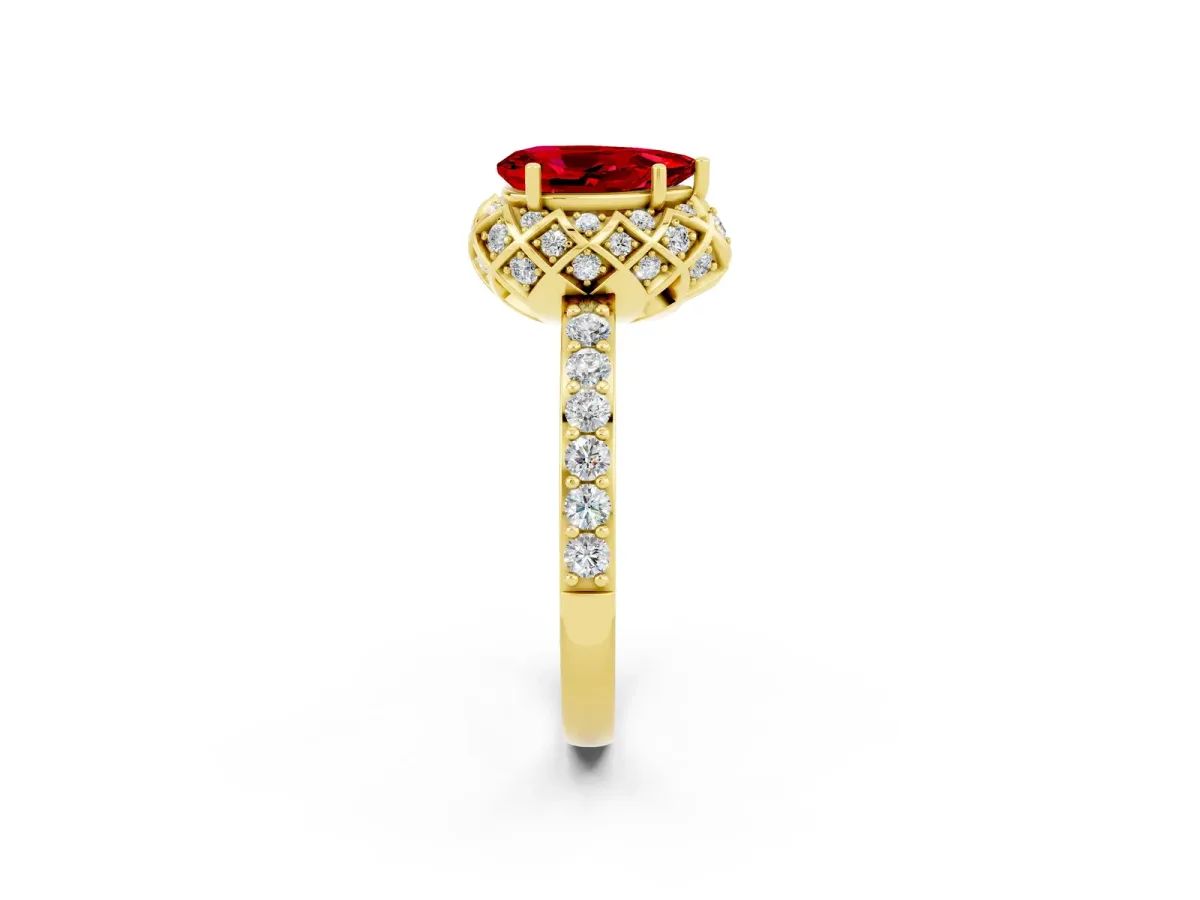 Pear Cut Ruby Scalloped Halo Engagement Ring with Round Shared Prong Band Yellow gold