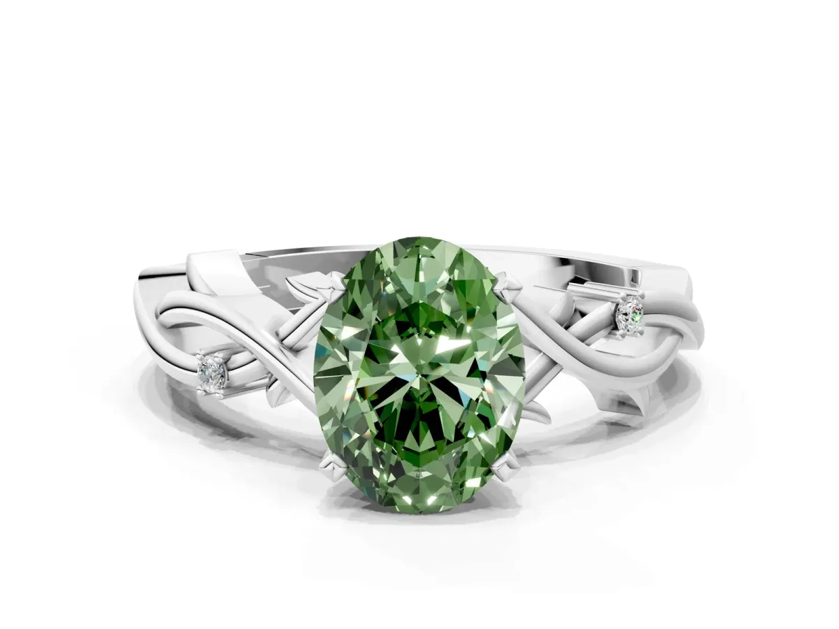 Fancy Green Oval Cut Diamond Solitaire Ring with Twisted Band and Prong Setting Platinum