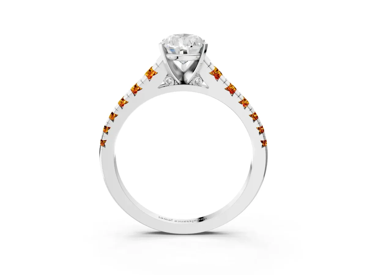 Pear Cut Diamond Cathedral Solitaire Ring with Round Citrine Pavé Band Platinum