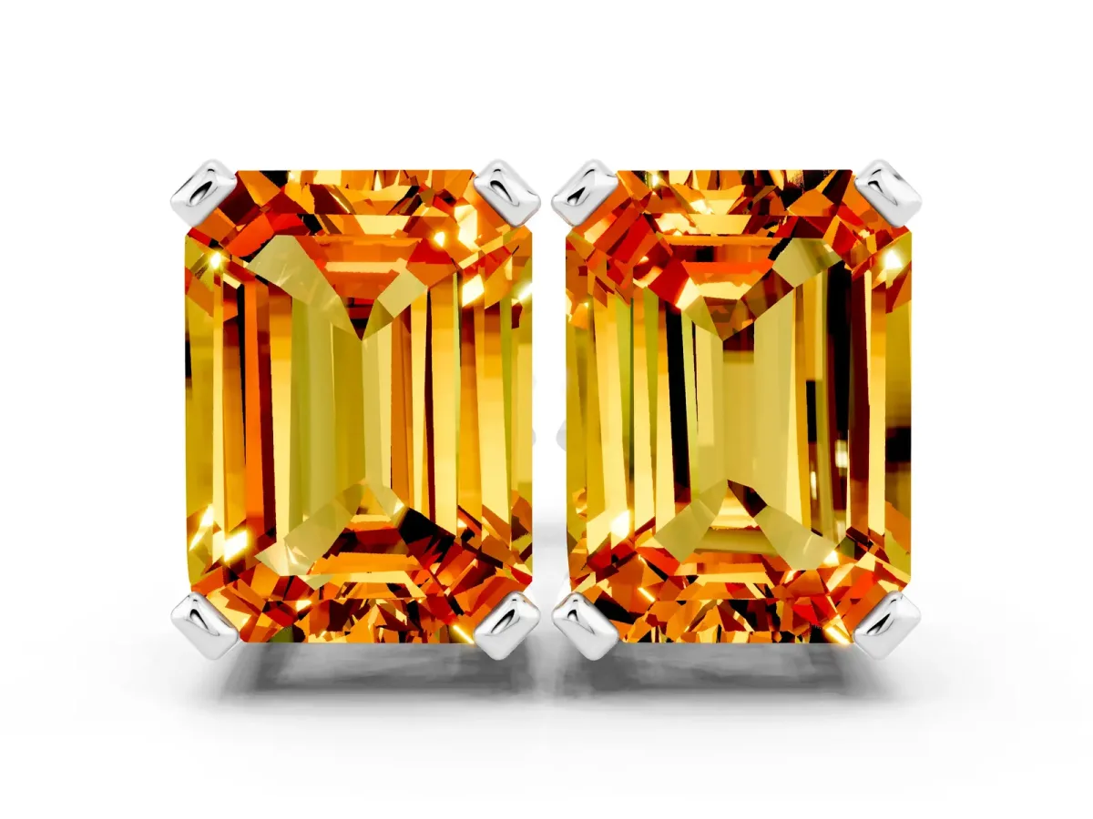 Emerald Cut Citrine Stud Earrings Silver