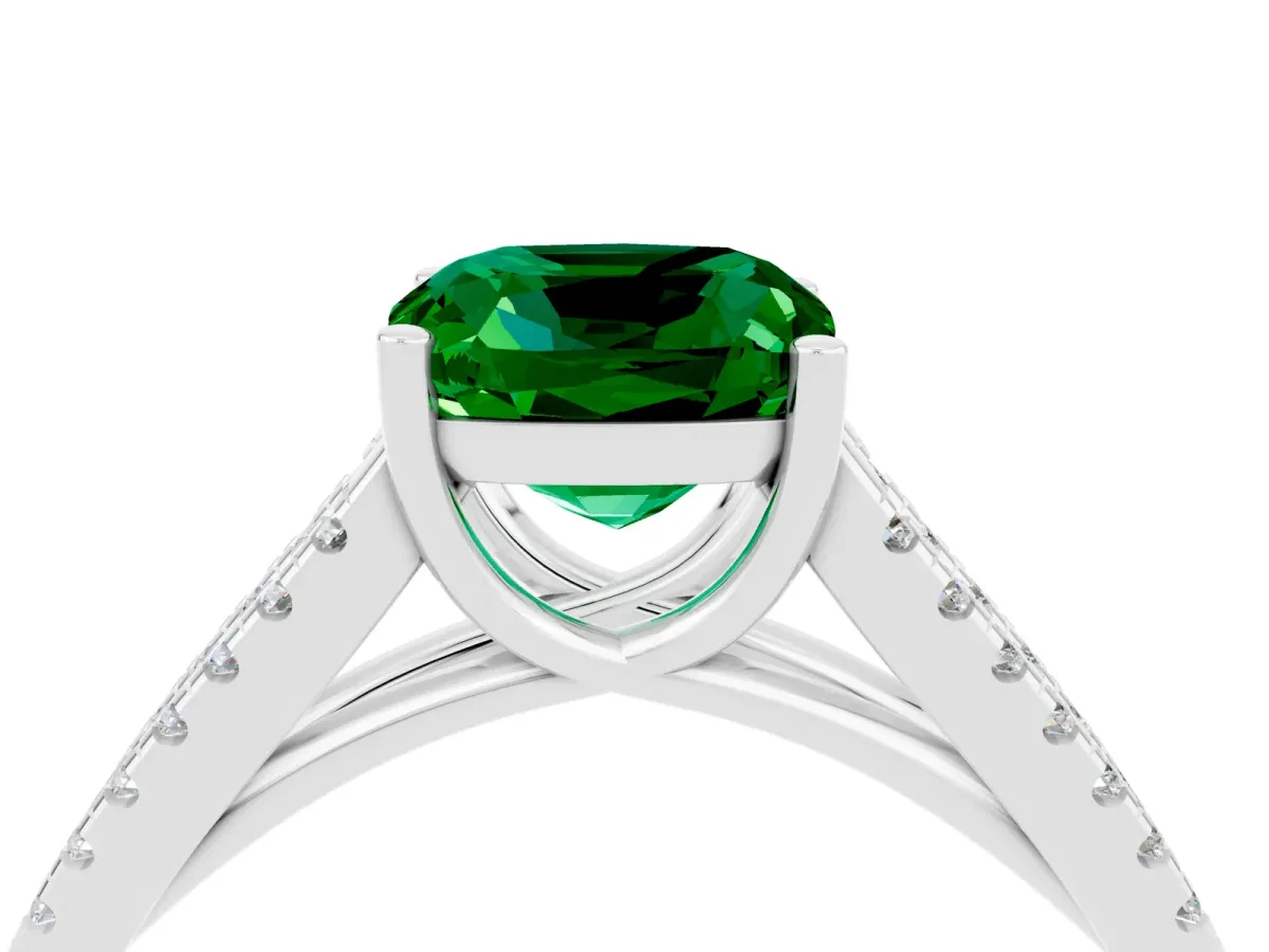Cushion Cut Emerald Solitaire Engagement Ring with Split Shank Pavé Band Silver