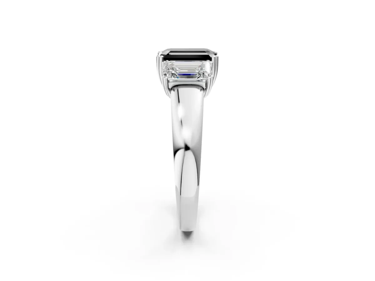 Fancy Black Three-Stone Emerald Cut Cut Diamond Ring with Channel Set Band and Four-Prong Setting Silver