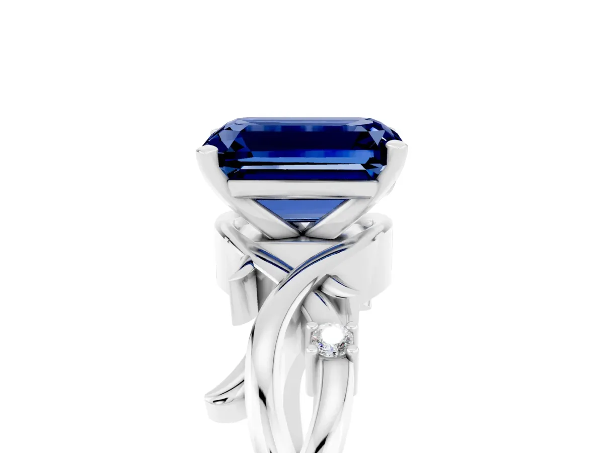 Emerald Cut Blue Sapphire Solitaire Ring with Twisted Band and Prong Setting Silver