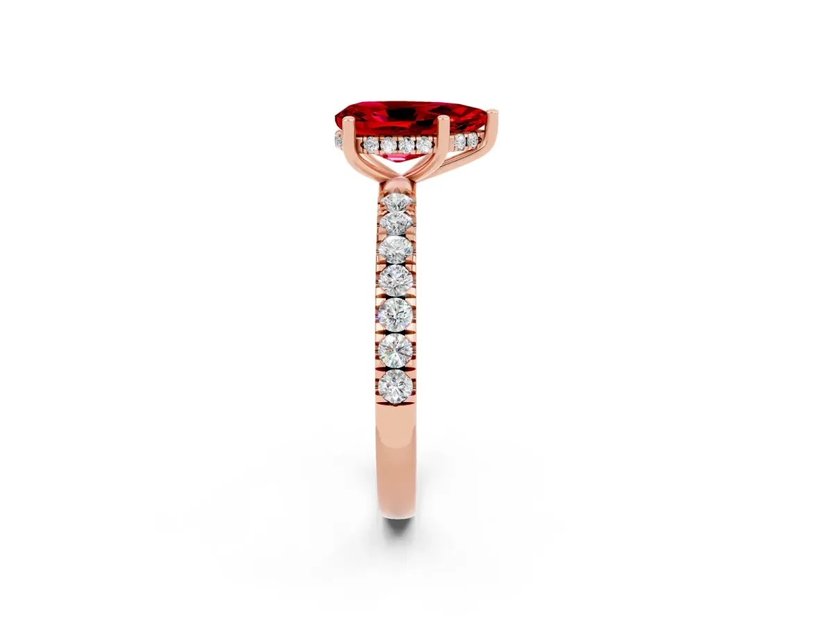 Pear Cut Ruby Pave Band Solitaire Ring with Round and Prong Setting Rose gold