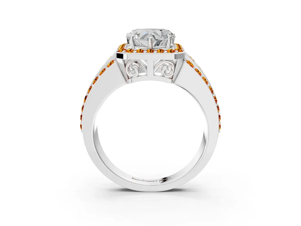 Heart Cut Halo Diamond Ring with Round Citrine Split Shank and Prong Setting Platinum
