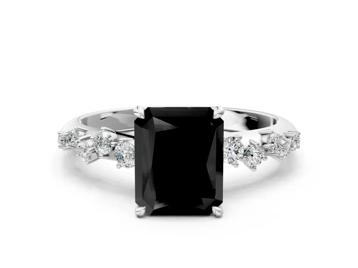 Fancy Black Radiant Cut Diamond Cluster Side Stone Solitaire Ring with Prong Setting Platinum