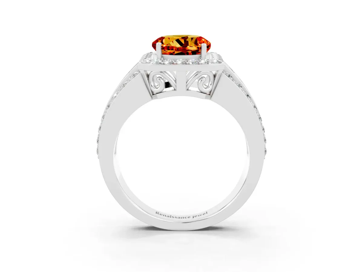 Round Cut Halo Citrine Ring with Round Split Shank and Prong Setting Platinum
