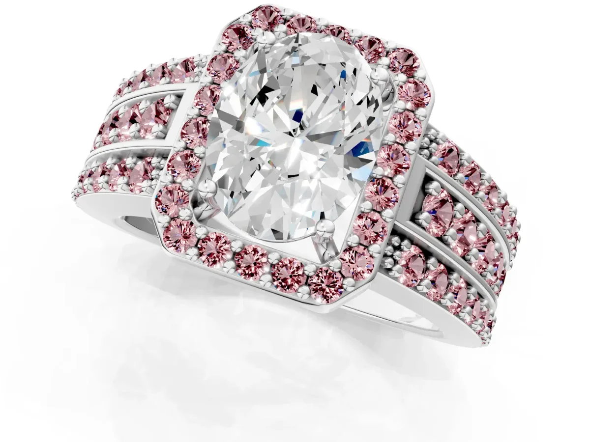Oval Cut Halo Diamond Ring with Round Morganite Split Shank and Prong Setting Platinum