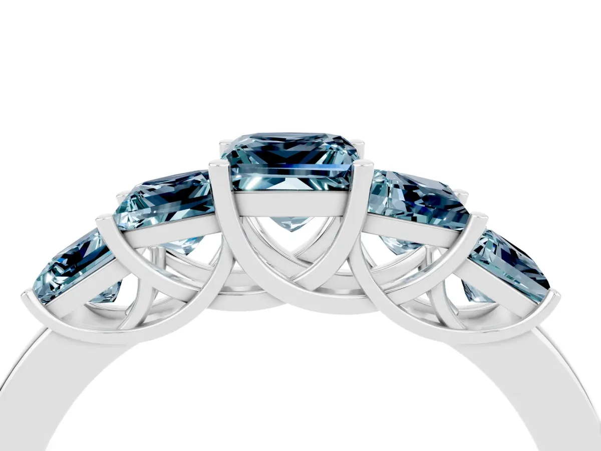 Princess Cut Five-Stone Aquamarine Ring with Classic Prong Setting Platinum