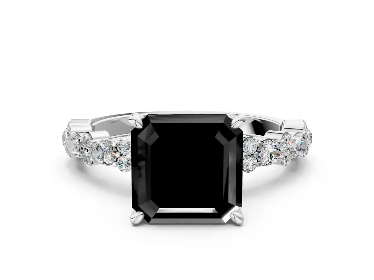 Fancy Black Asscher Cut Diamond Side Stone Solitaire Ring with Round and Four-Prong Setting White gold