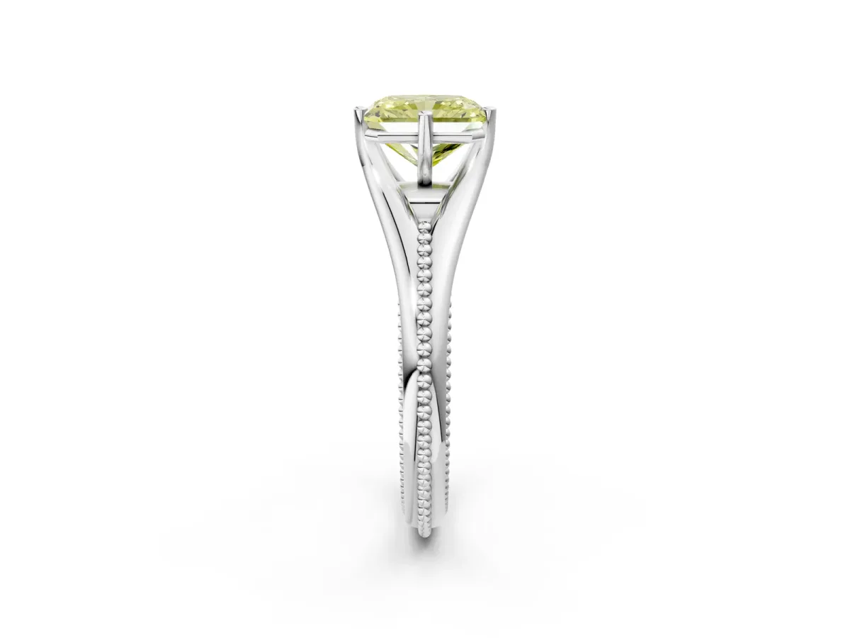 Fancy Yellow Radiant Cut Solitaire Beaded Band Six-Prong Setting Platinum