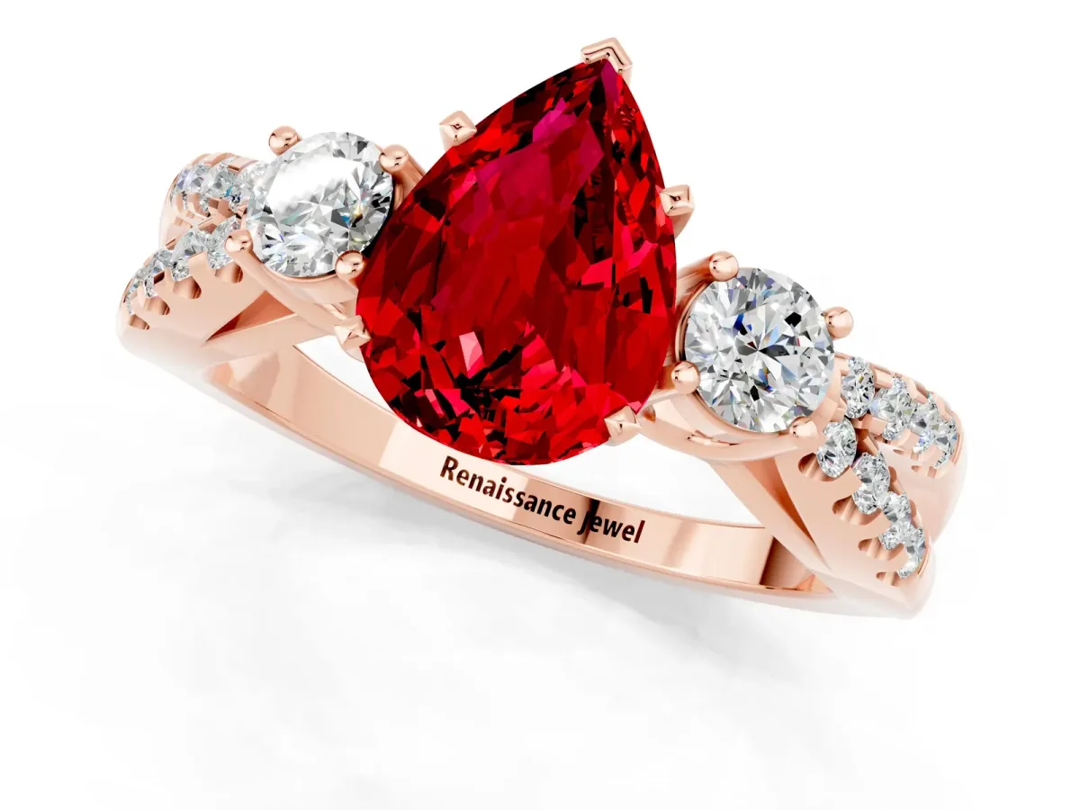 Pear Cut Ruby Three-Stone Ring with Pavé Split Shank and Four-Prong Setting Rose gold