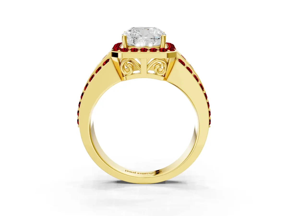 Cushion Cut Halo Diamond Ring with Round Ruby Split Shank and Prong Setting Yellow gold