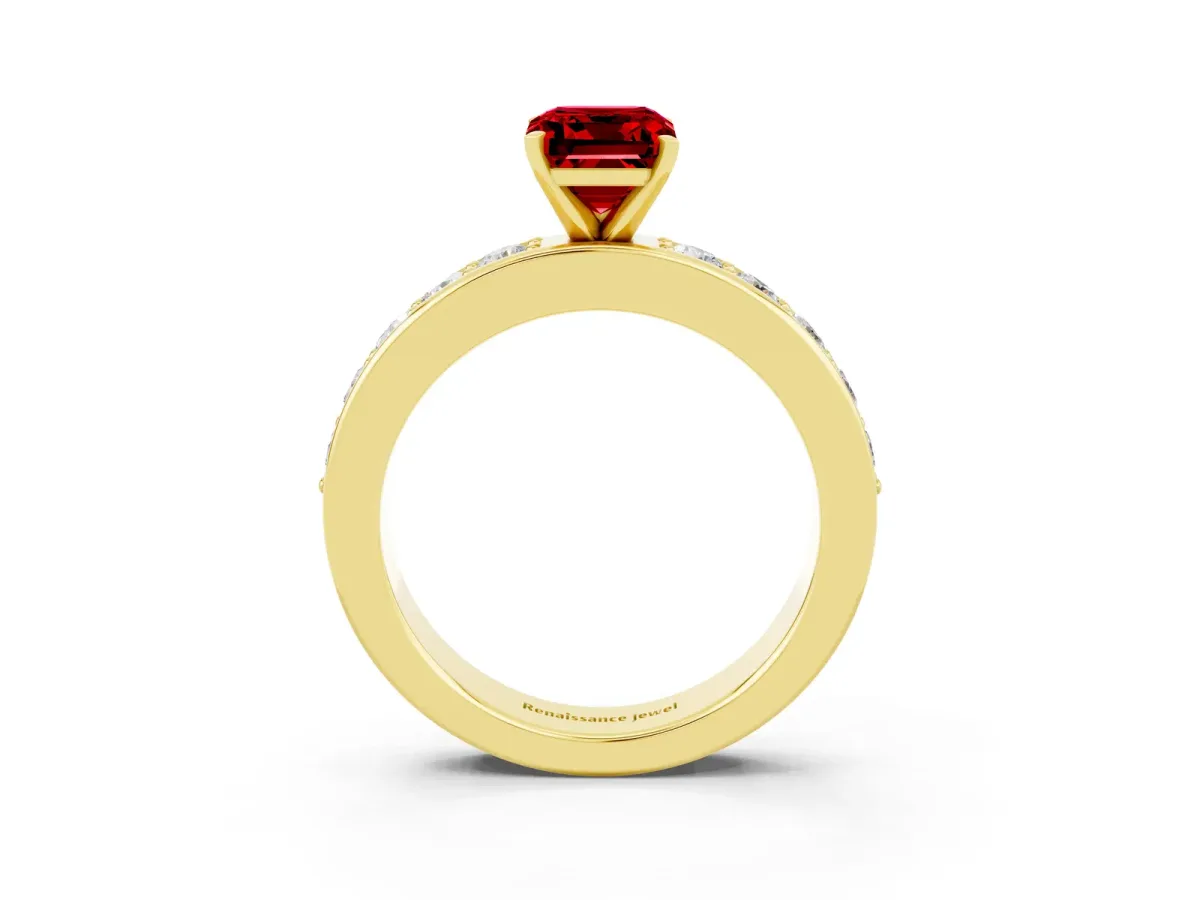 Emerald Cut Ruby Engagement Ring with Channel Set Round Band and Prong Setting Yellow gold