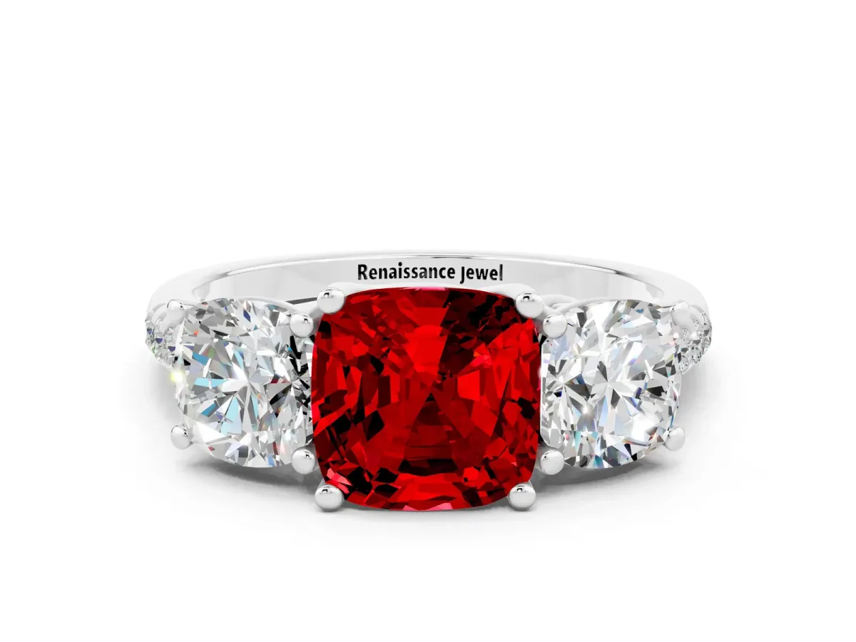 Three-Stone Cushion Cut Ruby Ring with Round Pavé Band and Prong Setting White gold