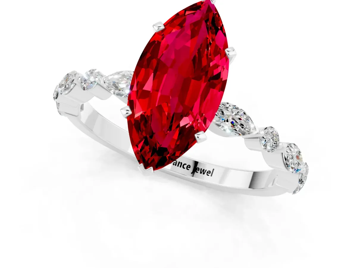 Marquise Cut Ruby Ring with Marquise and Round Side Stones and Four-Prong Setting Silver