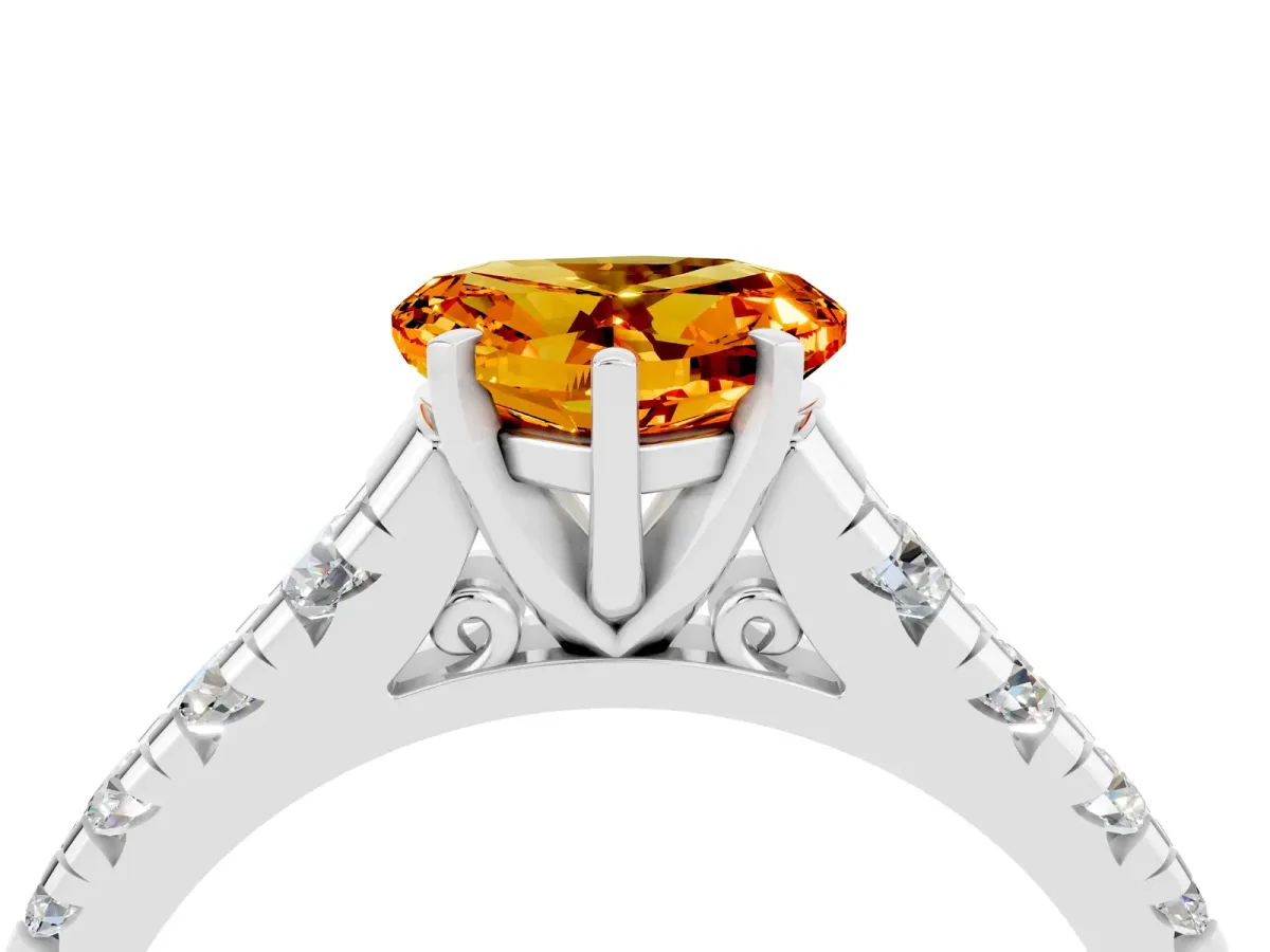 Heart Cut Citrine Cathedral Solitaire Ring with Round Pavé Band Silver