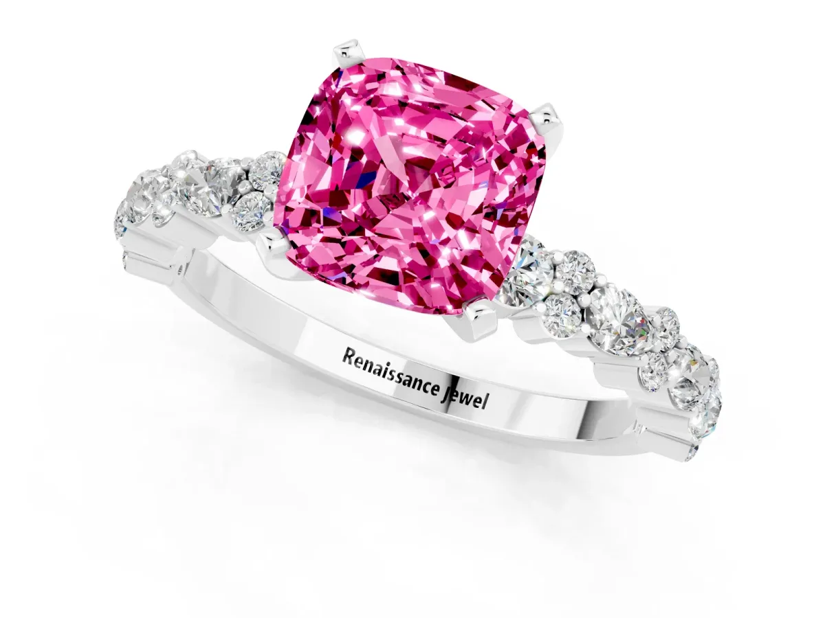 Cushion Cut Pink Sapphire Side Stone Solitaire Ring with Round and Four-Prong Setting Silver