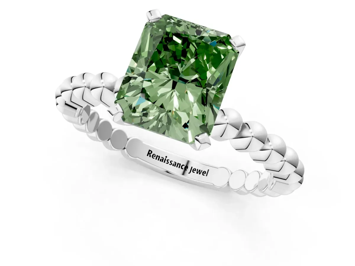 Fancy Green Radiant Cut Diamond Solitaire Ring with Beaded Band and Prong Setting Silver