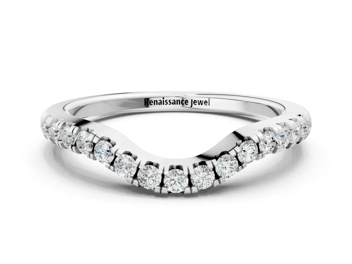 Curved Round Diamond Wedding Band with Pavé Setting and Shared Prong Silver