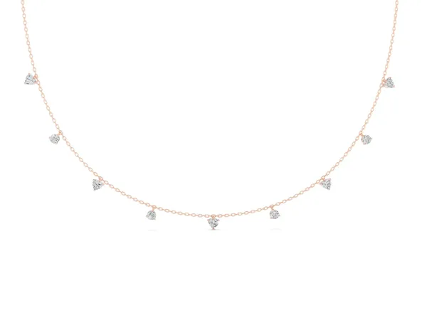 Heart and Round Diamond Station Necklace Rose gold