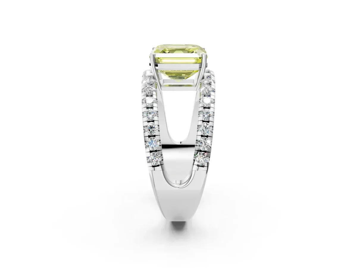 Fancy Yellow Asscher Cut Solitaire Split Shank Pave Diamond Ring Platinum