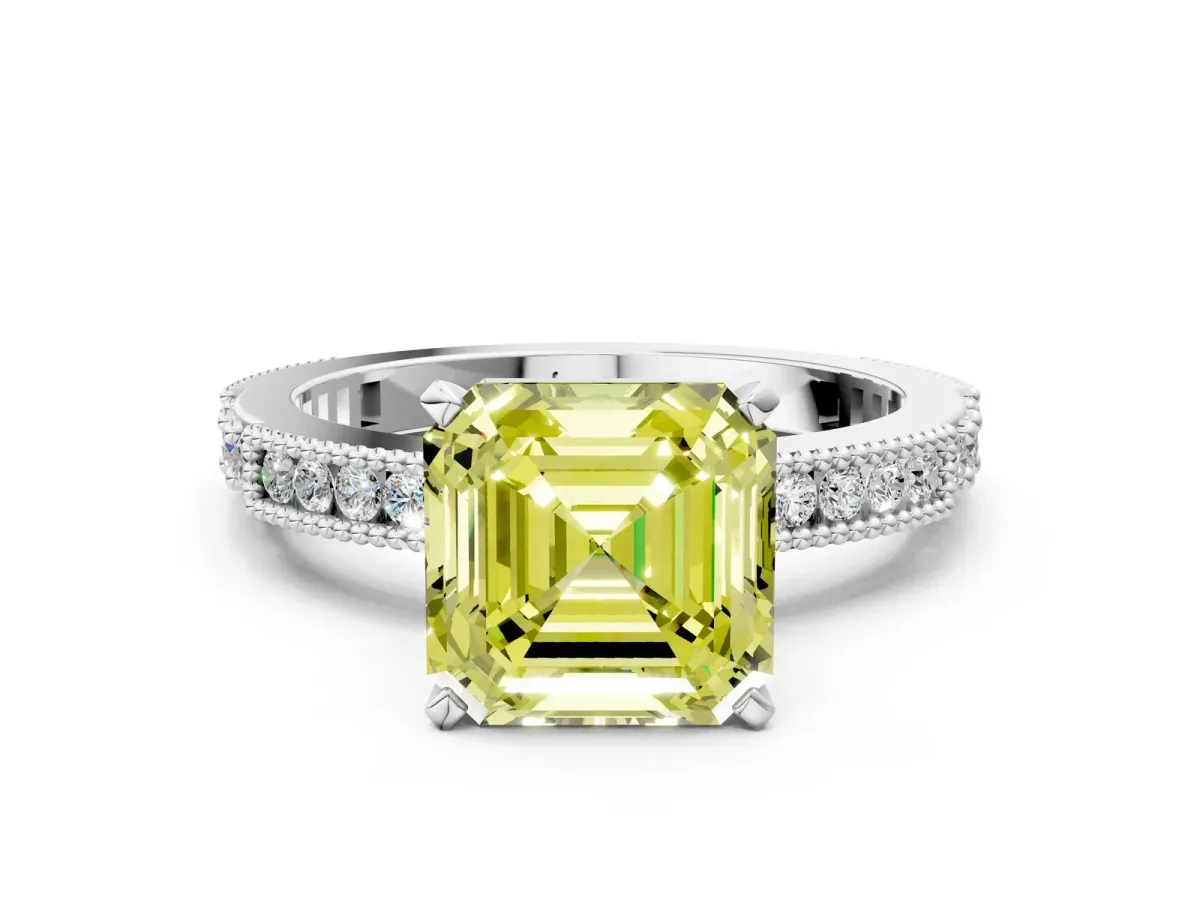 Fancy Yellow Asscher Cut Solitaire with Pavé Band and Four-Prong Setting Silver