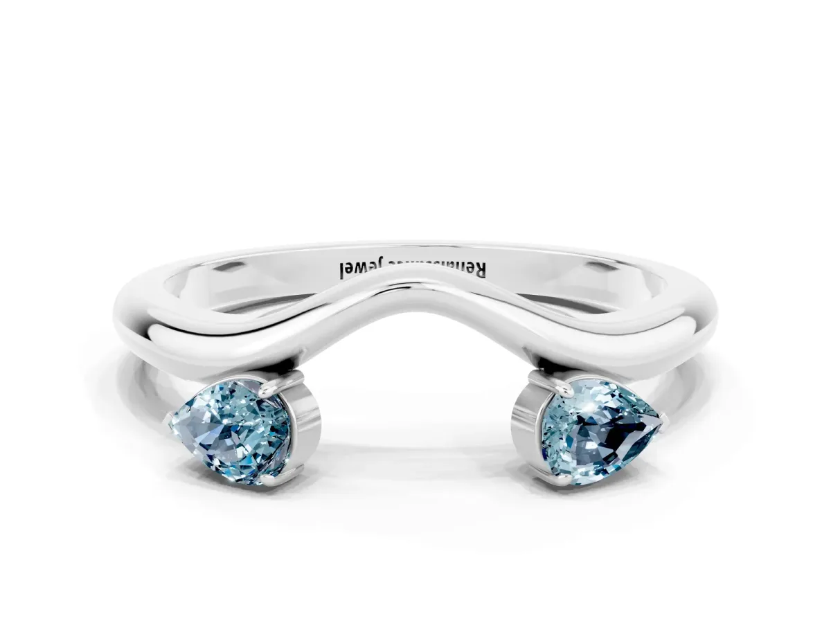 Pear Cut Aquamarine Two-Stone Open Band Ring with Prong Setting Silver