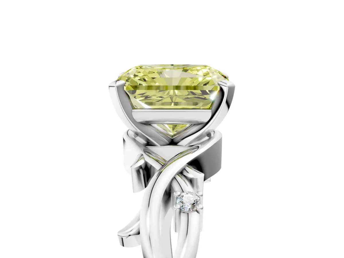 Fancy Yellow Radiant Cut Diamond Solitaire Ring with Twisted Band and Prong Setting Silver