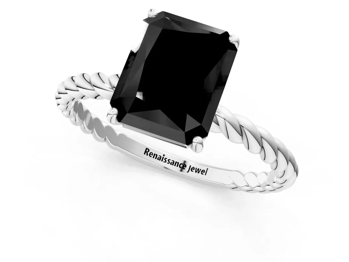 Fancy Black Radiant Cut Solitaire Twisted Band 4-Prong Ring Platinum