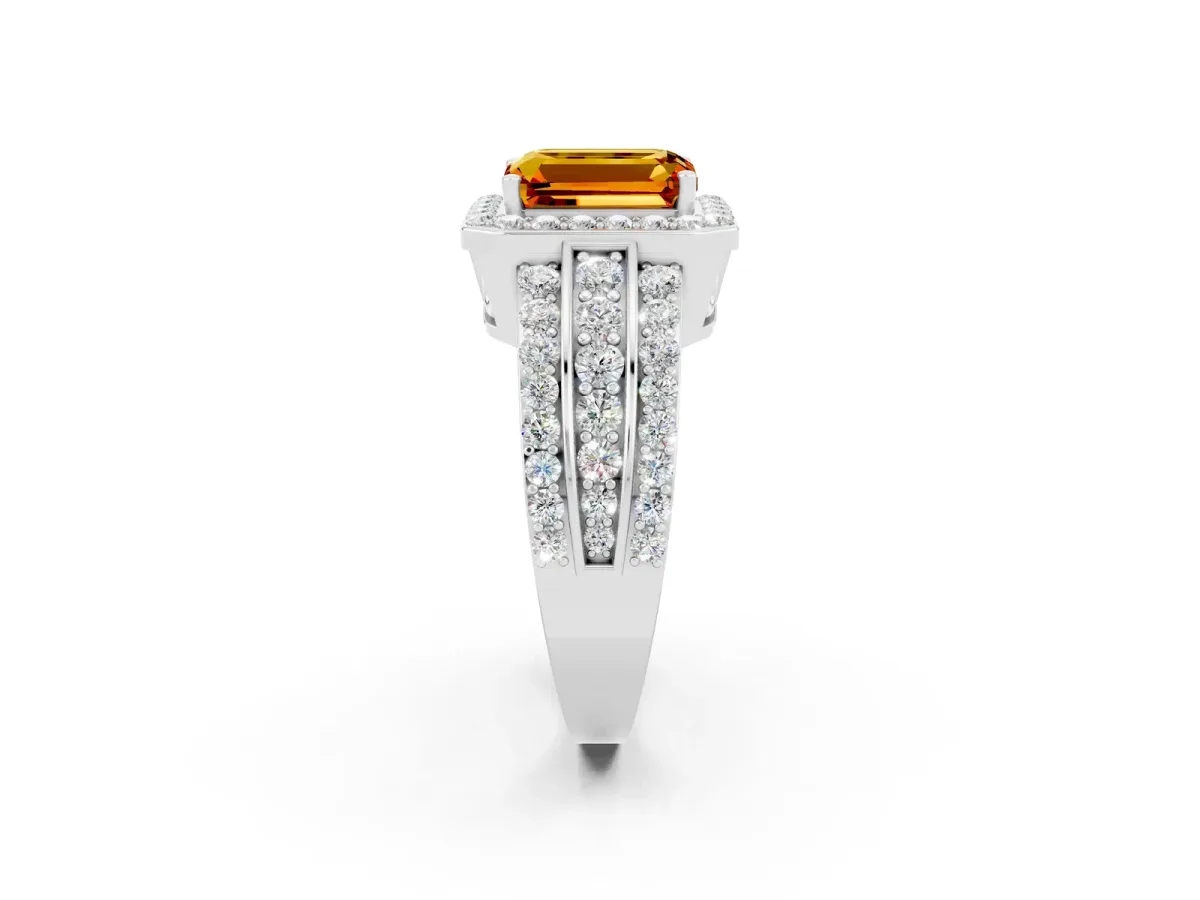 Emerald Cut Halo Citrine Ring with Round Split Shank and Prong Setting Platinum