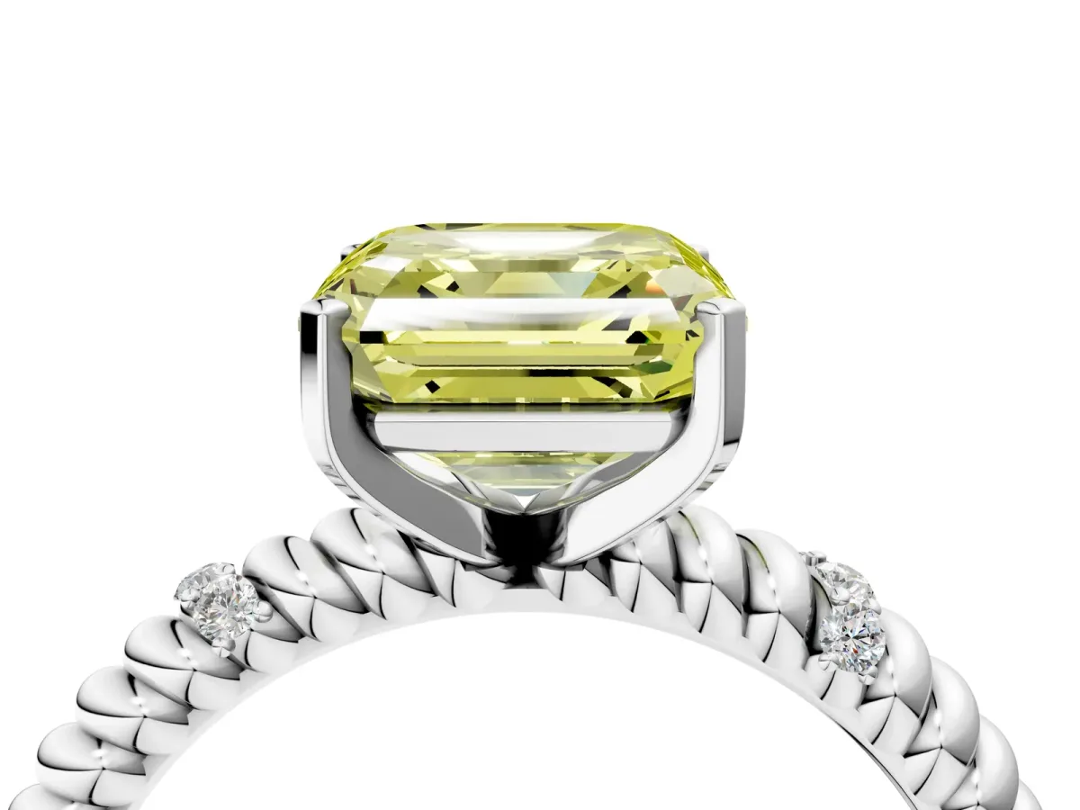 Fancy Yellow Asscher Cut Solitaire Twisted Band Prong Set Engagement Ring Platinum