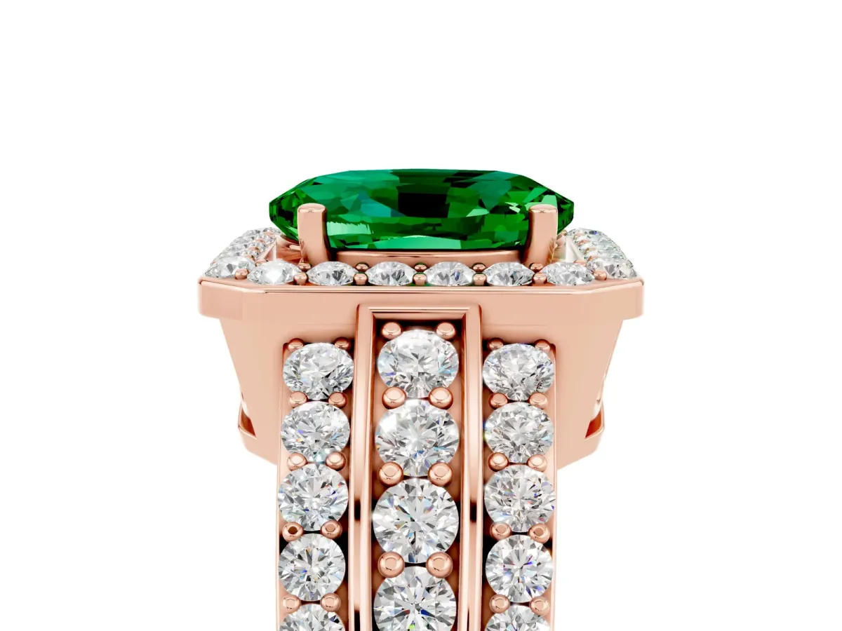 Oval Cut Halo Emerald Ring with Round Split Shank and Prong Setting Rose gold