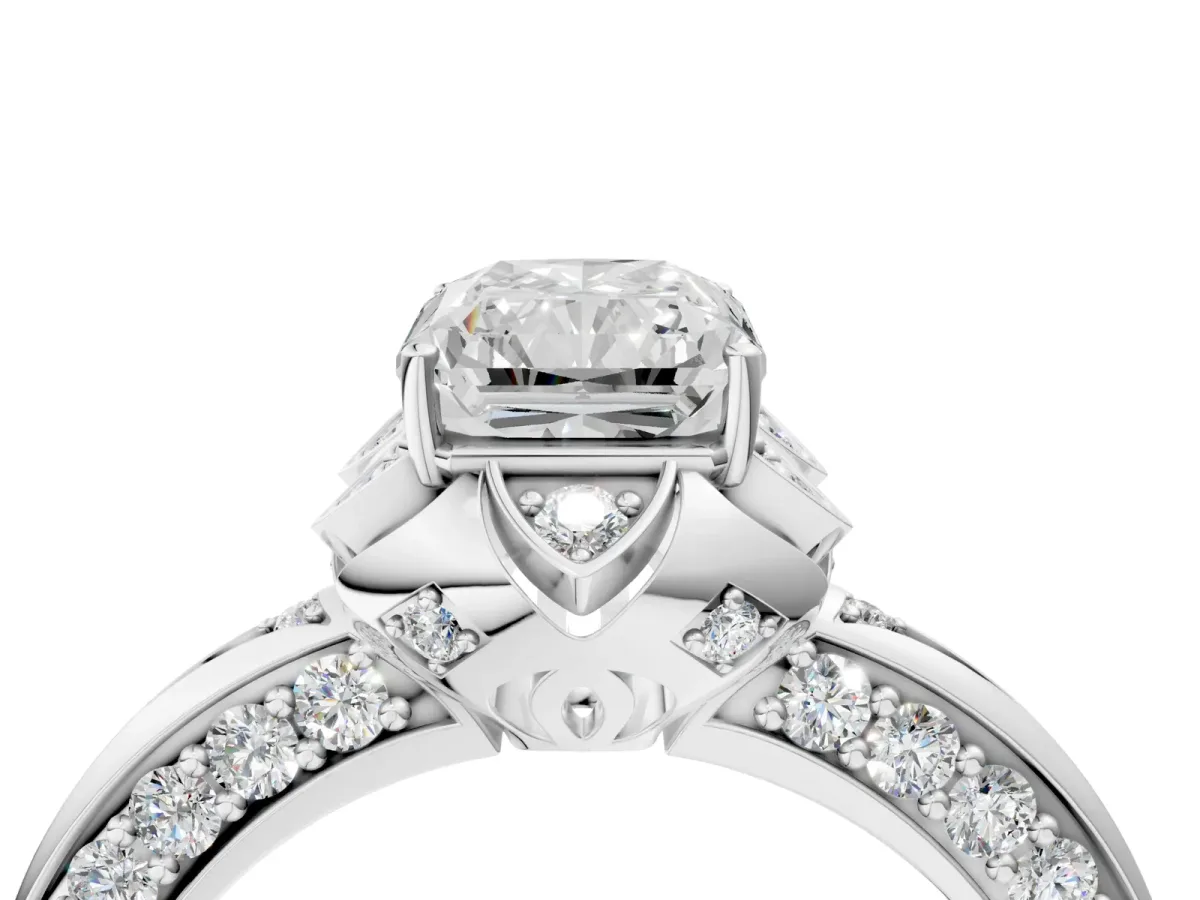 Radiant Cut Halo Split Shank Pave Diamond Ring with Petal Prong Setting Platinum