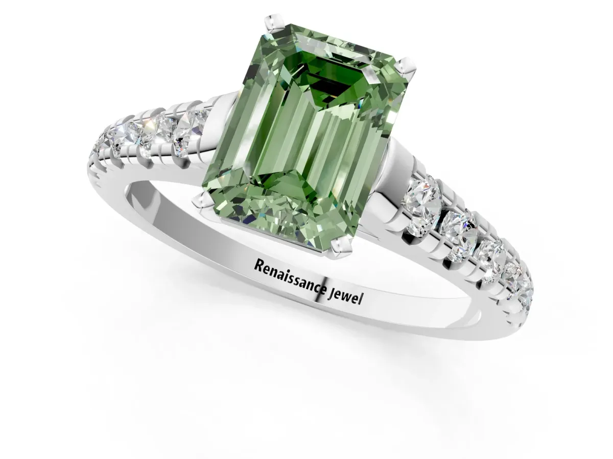 Fancy Green Emerald Cut Diamond Cathedral Solitaire Ring with Round Pavé Band Platinum