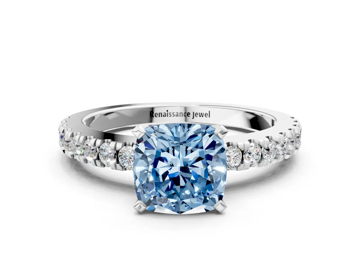 Fancy Blue Cushion Cut Solitaire Diamond with Pavé Band and Four-Prong Setting Silver
