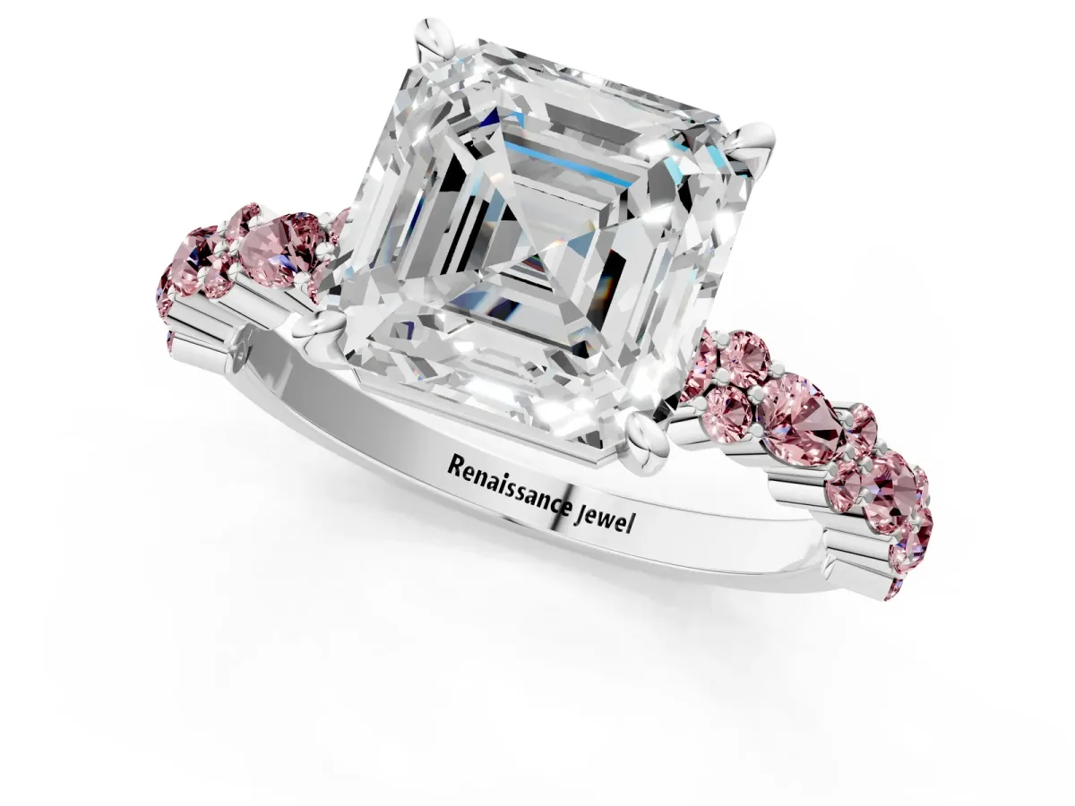 Asscher Cut Diamond Side Stone Solitaire Ring with Round Morganite and Four-Prong Setting Platinum