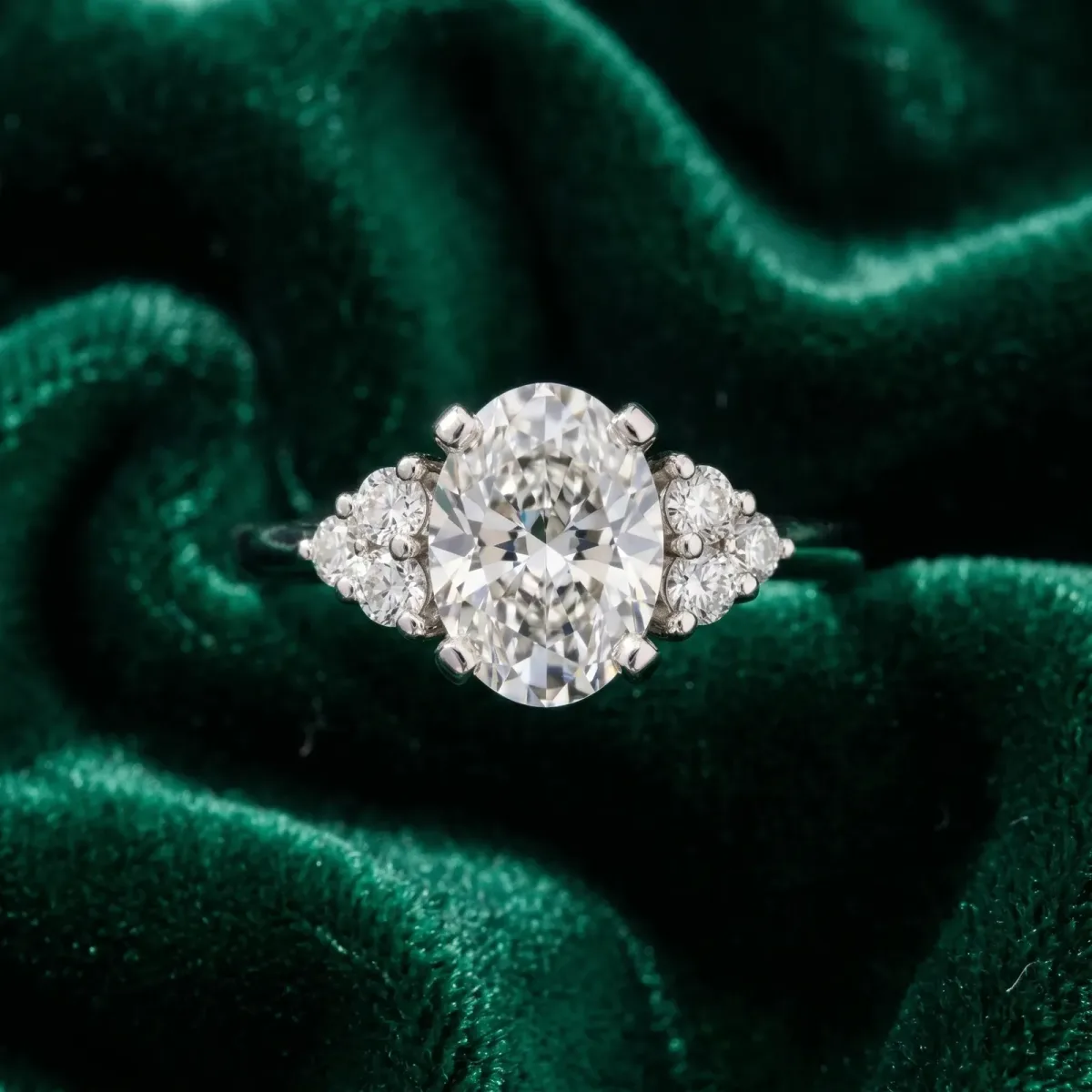 Asscher Cut Cut Diamond Cluster Ring with Solitaire Band and Four-Prong Setting Platinum