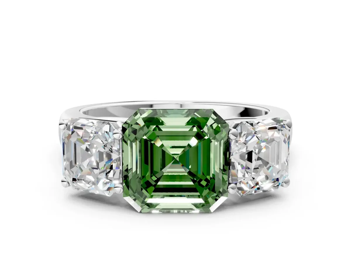 Fancy Green Asscher Cut Three-Stone Diamond Ring with Prong Setting on a Classic Band Platinum