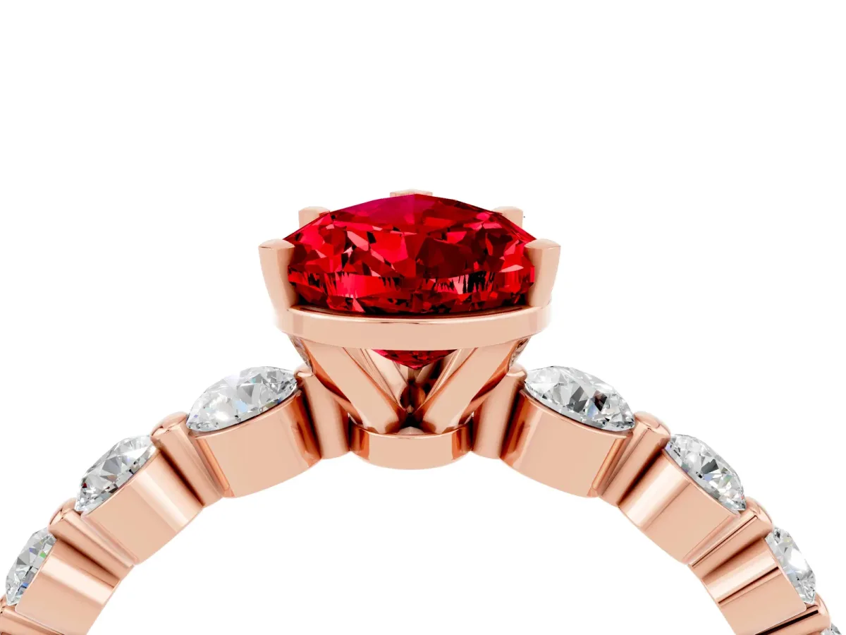 Pear Cut Solitaire Ruby Ring with Pave Band and Four-Prong Setting Rose gold