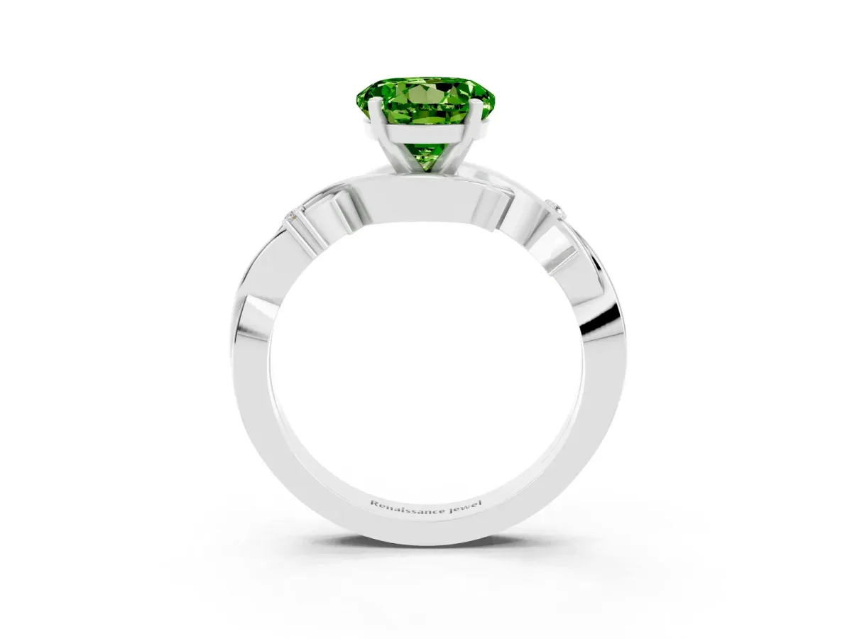 Round Cut Peridot Solitaire Ring with Twisted Band and Prong Setting Platinum