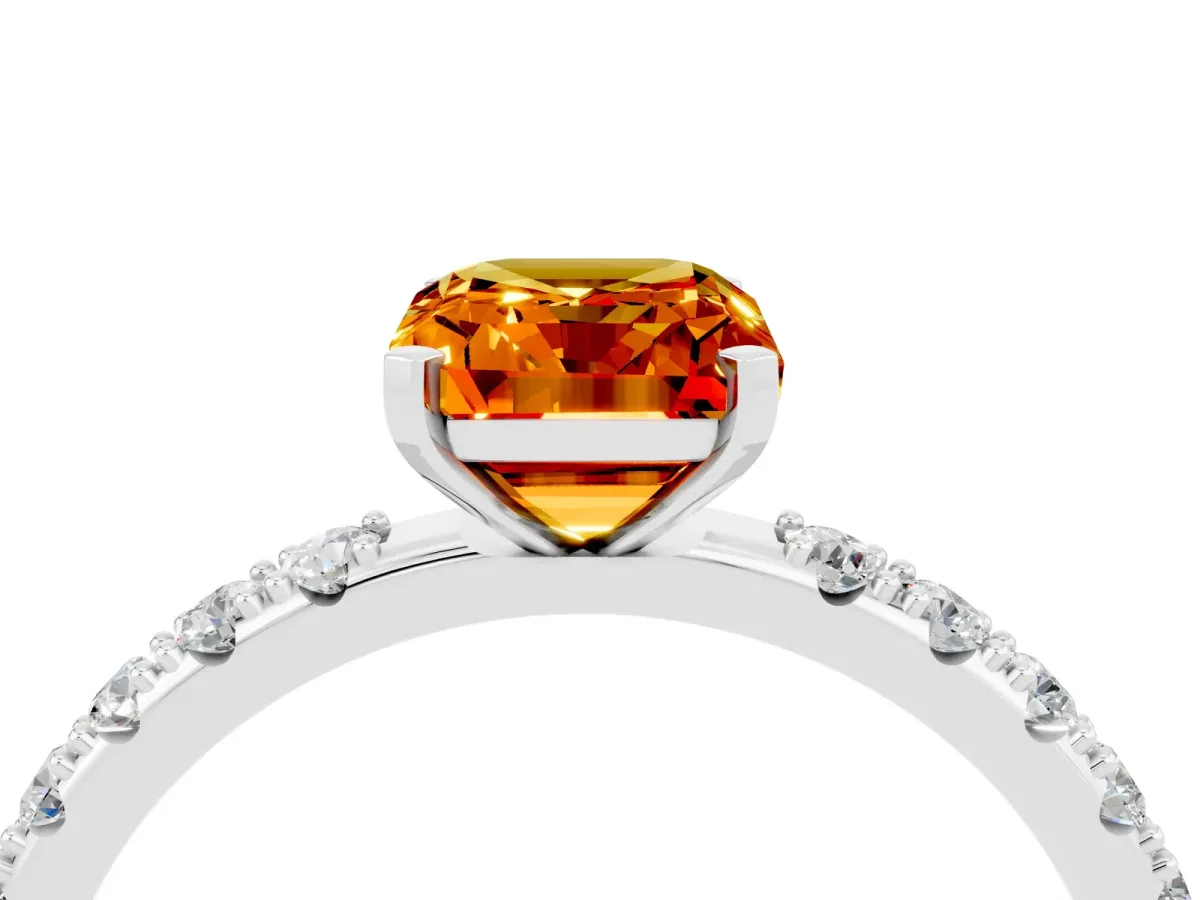Emerald Cut Citrine Solitaire Pavé Band with Four-Prong Setting Platinum