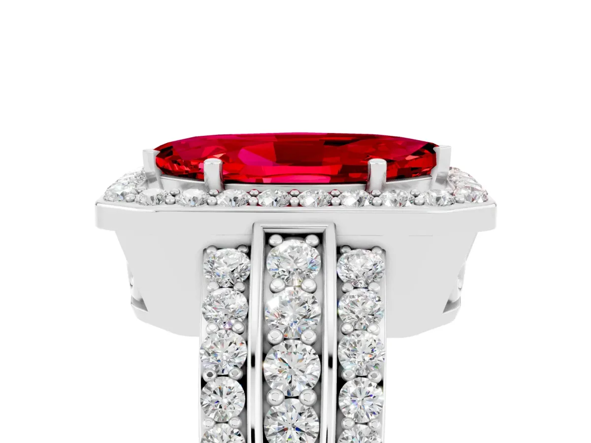 Marquise Cut Halo Ruby Ring with Round Split Shank and Prong Setting White gold