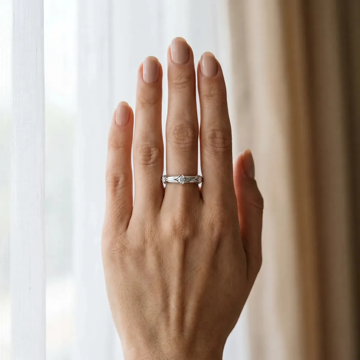 Round Diamond Prong Set Milgrain Eternity Band Silver